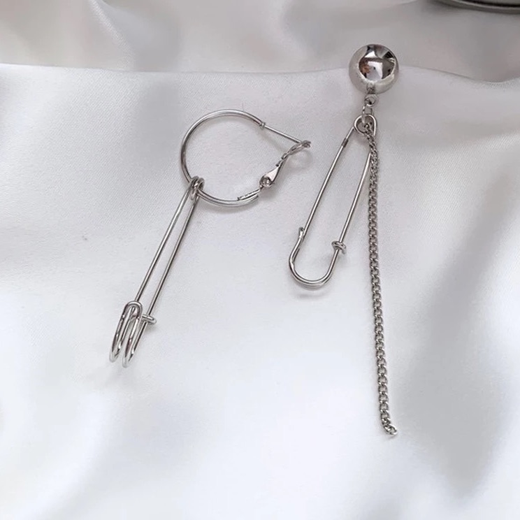 Safety Pin Chain Stud Hoop Drop Earrings